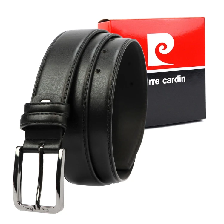 Czarny skórzany pasek męski Pierre Cardin PARURE04 BLACK GUN z klasyczną klamrą