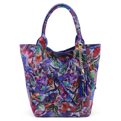 Vera Pelle Torebka Damska Shopper A4 Duża Skóra Naturalna Motyle z Etui